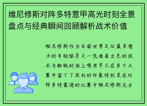 维尼修斯对阵多特意甲高光时刻全景盘点与经典瞬间回顾解析战术价值