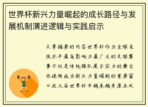 世界杯新兴力量崛起的成长路径与发展机制演进逻辑与实践启示